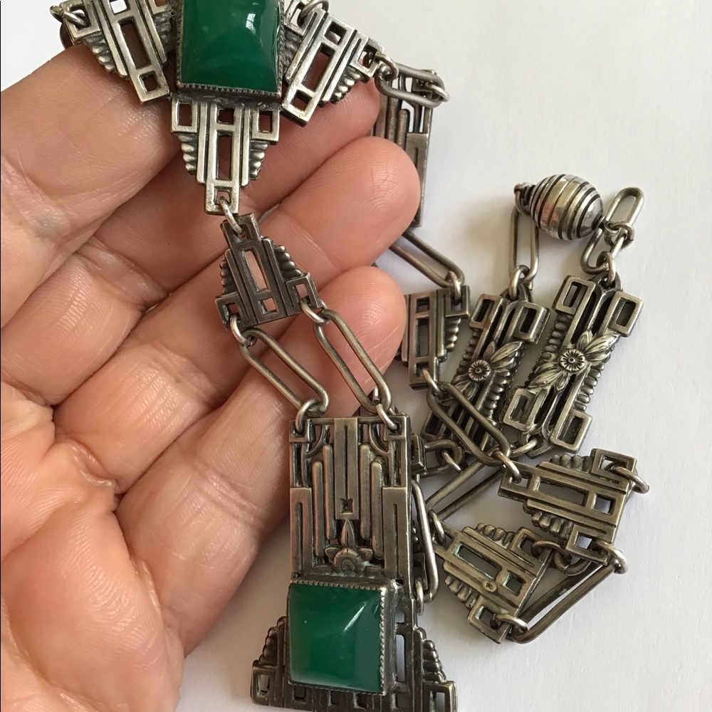 Antique Art Deco Sterling Chrysoprase Necklace - Picture 6 of 11